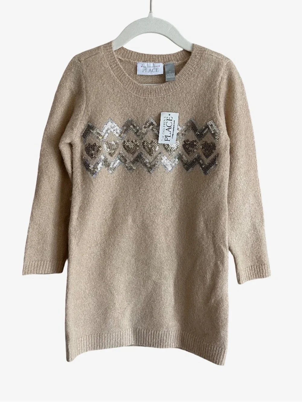 NWT The Children’s Place Girls Sequin Heart Sweater Dress Toasted Cashew 4T